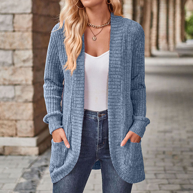 Women's Cozy Ribbed Knit Cardigan with Open Front and Patch Pockets