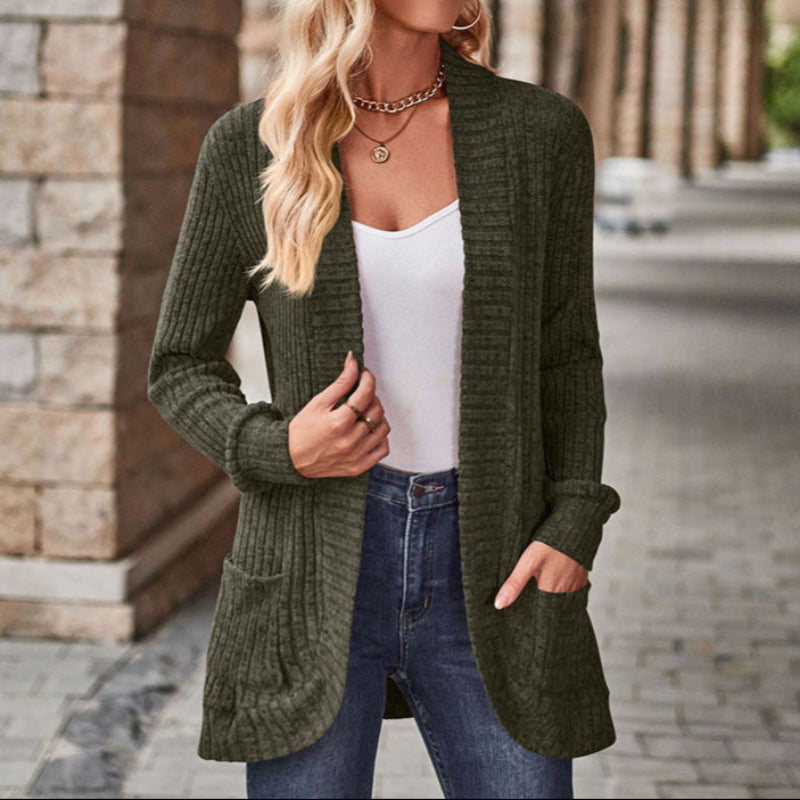 Women's Cozy Ribbed Knit Cardigan with Open Front and Patch Pockets