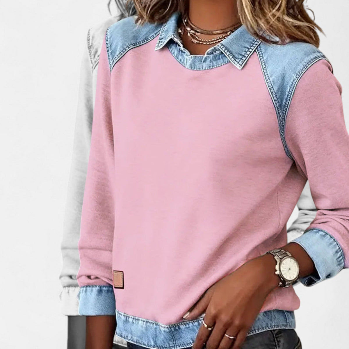 Women's Crew Neck Sweatshirt with Denim Trim