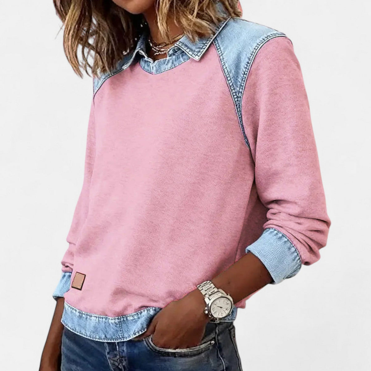 Women's Crew Neck Sweatshirt with Denim Trim