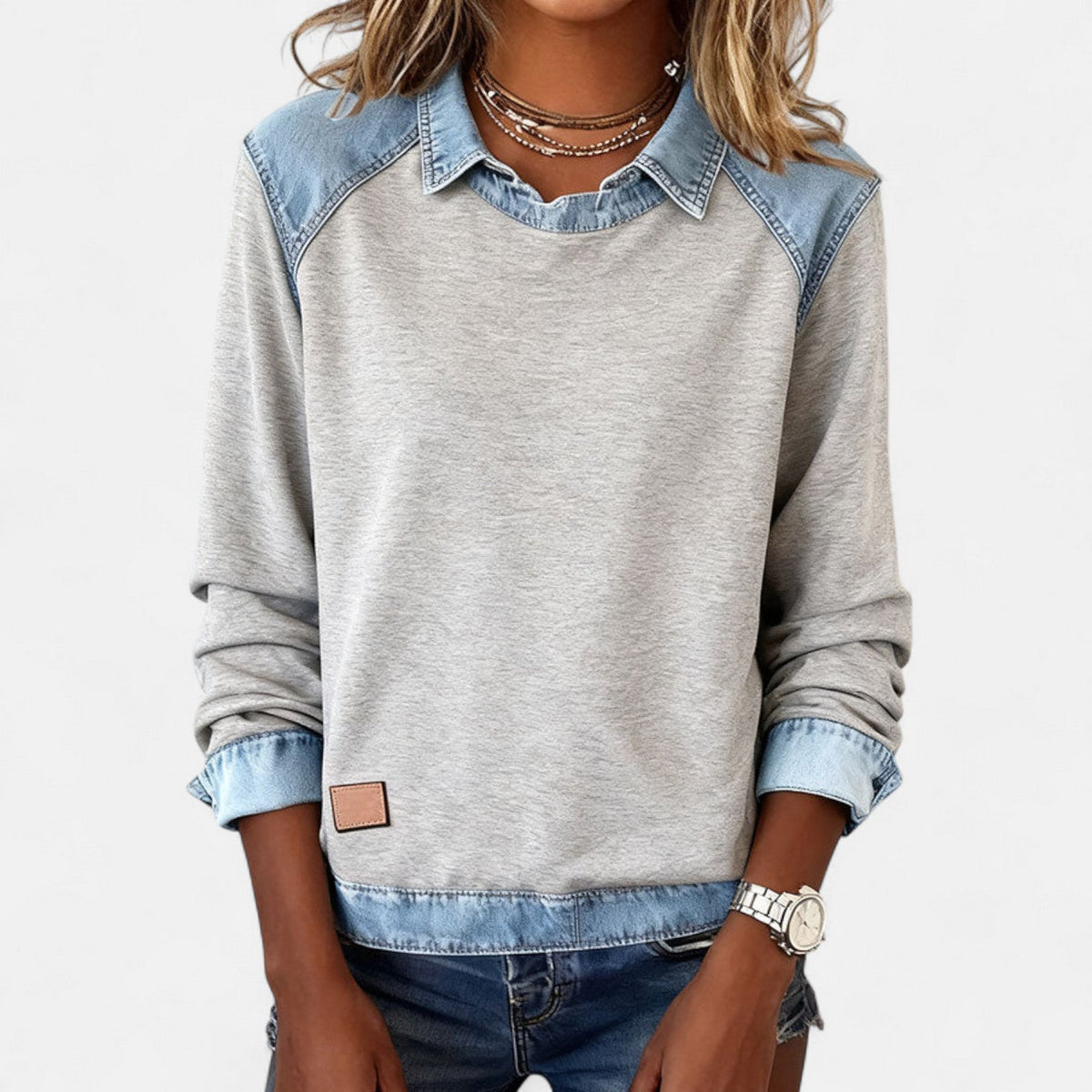 Women's Crew Neck Sweatshirt with Denim Trim
