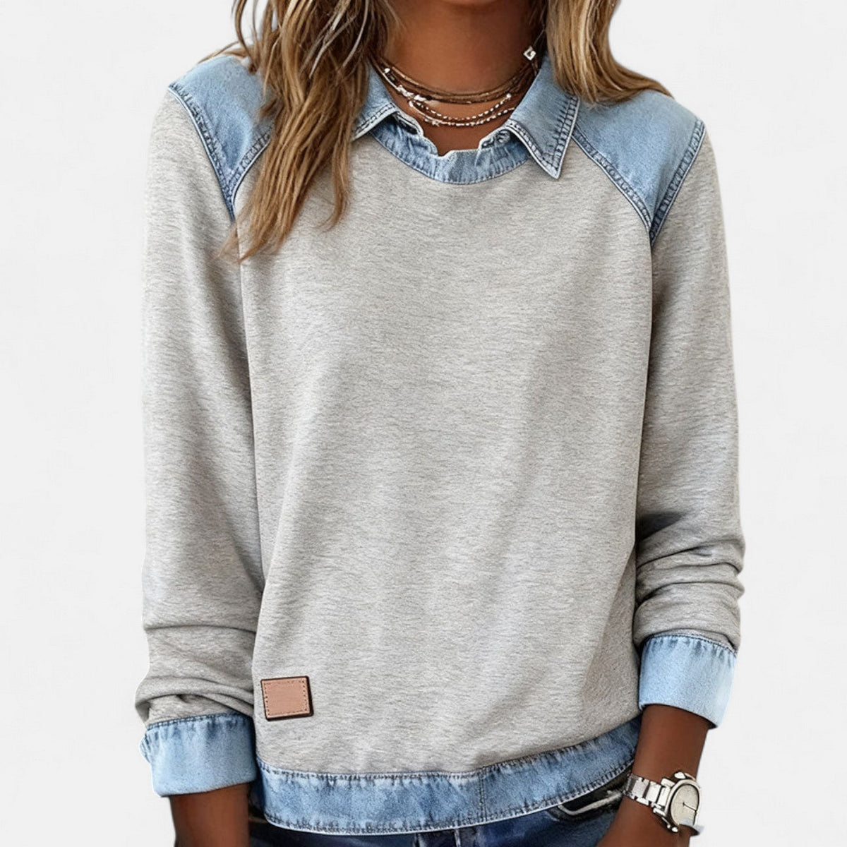 Women's Crew Neck Sweatshirt with Denim Trim