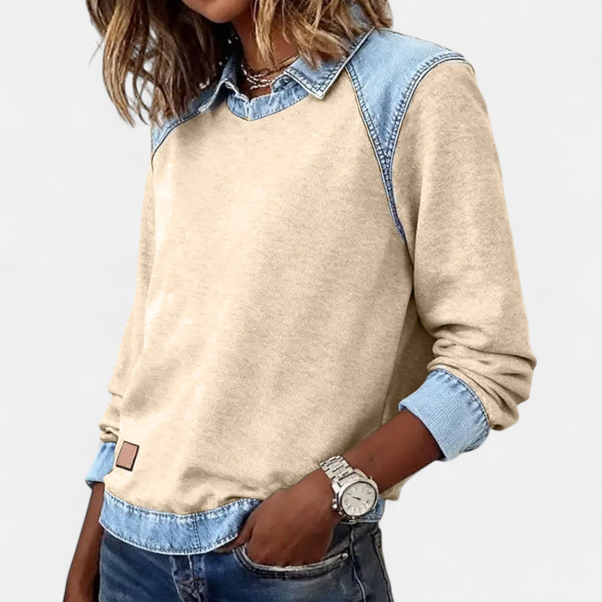 Women's Crew Neck Sweatshirt with Denim Trim