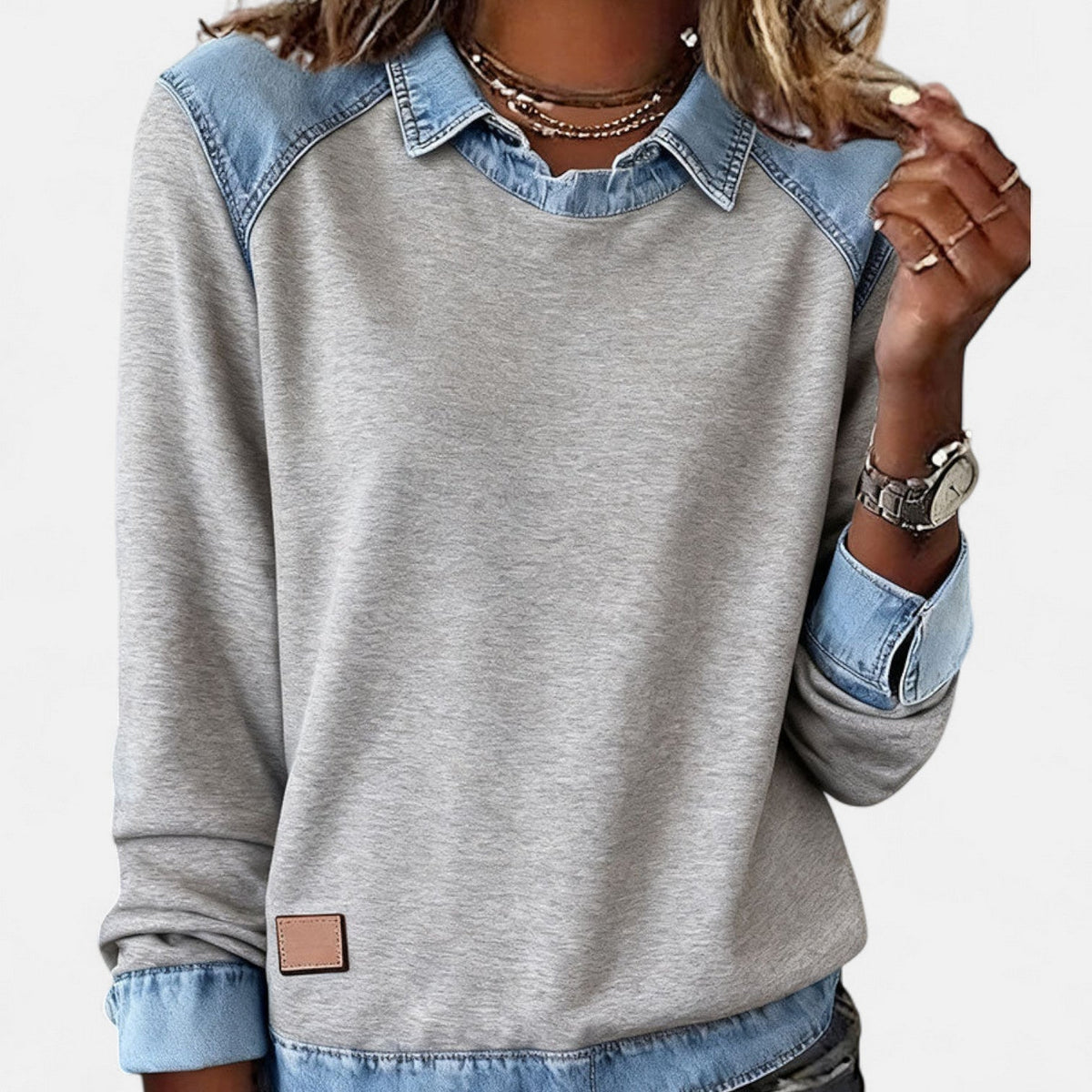 Women's Crew Neck Sweatshirt with Denim Trim