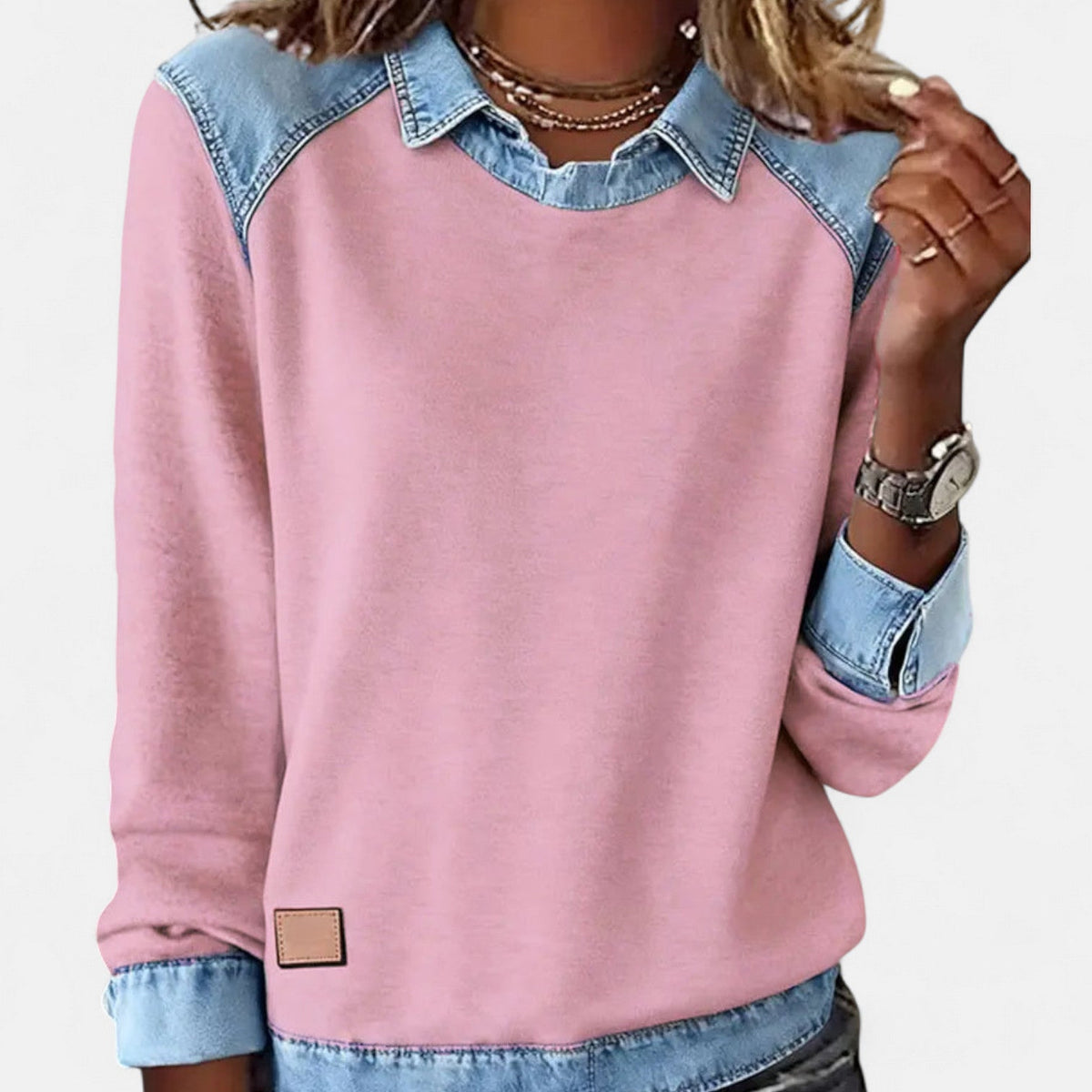 Women's Crew Neck Sweatshirt with Denim Trim
