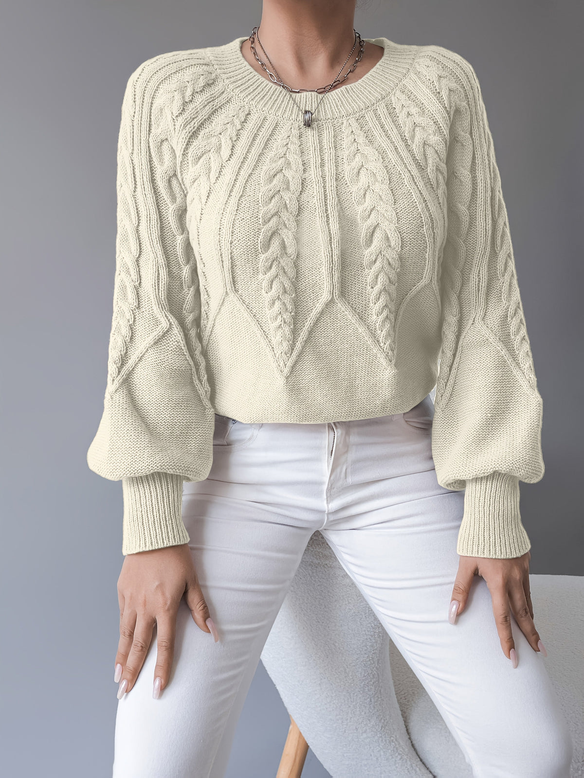 Women's Cropped Jumper with Cable Knit and Lantern Sleeves
