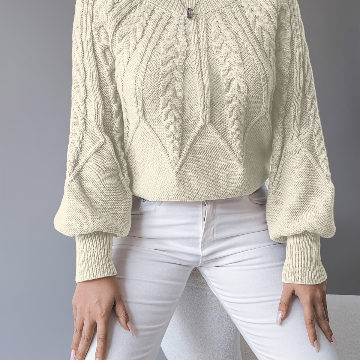Women's Cropped Jumper with Cable Knit and Lantern Sleeves