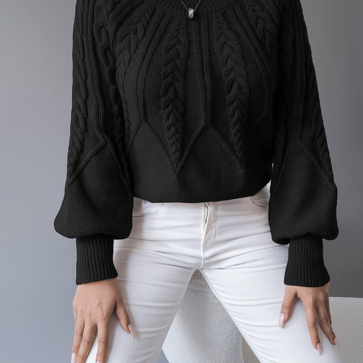 Women's Cropped Jumper with Cable Knit and Lantern Sleeves