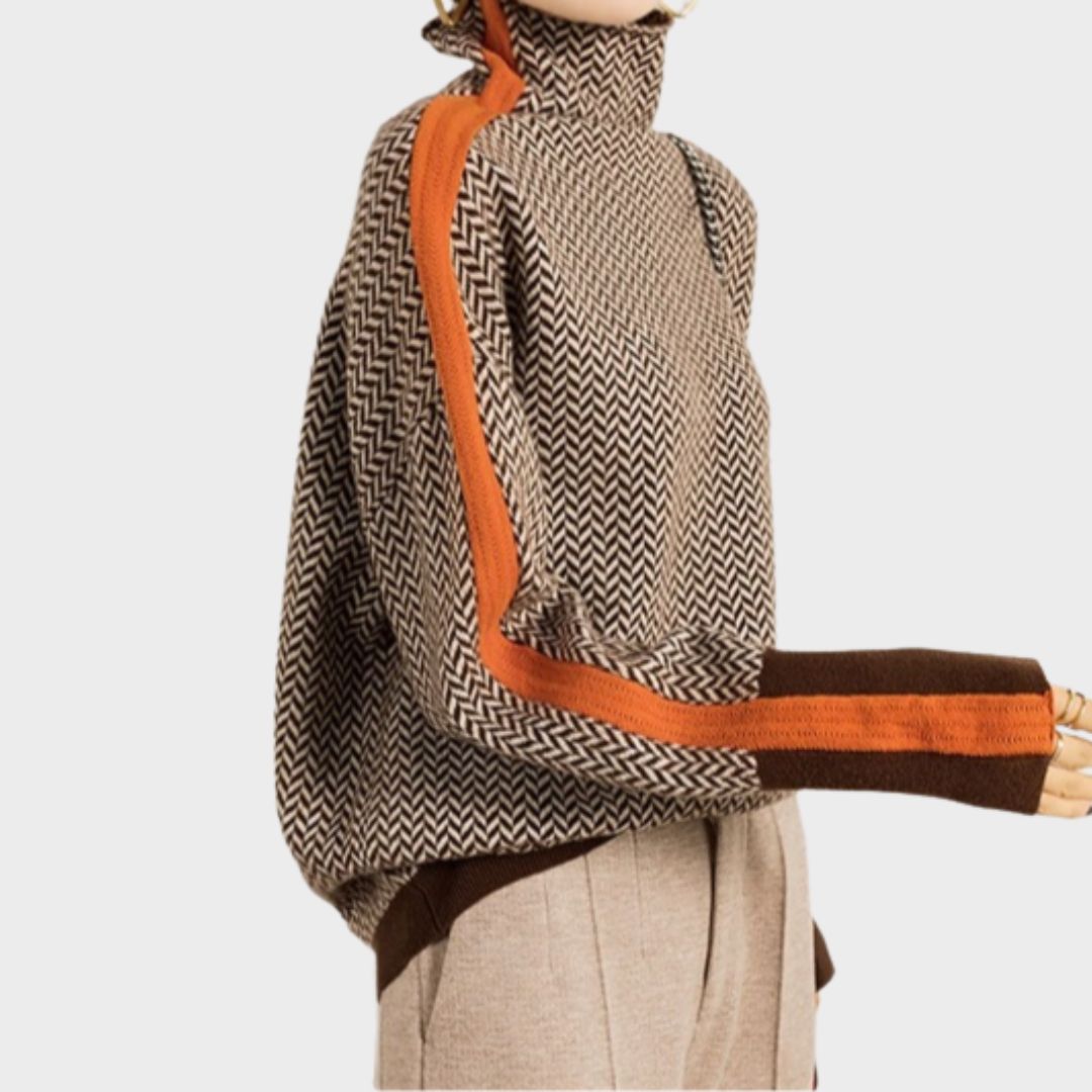 Women's Cropped Jumper with Herringbone Pattern and Stripe Sleeves