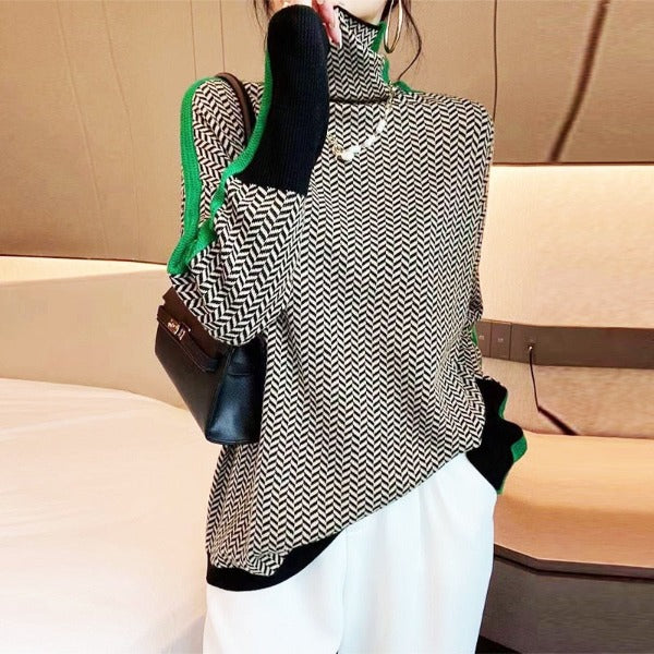 Women's Cropped Jumper with Herringbone Pattern and Stripe Sleeves