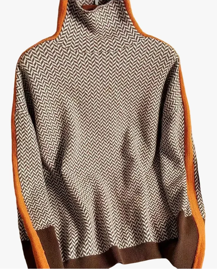 Women's Cropped Jumper with Herringbone Pattern and Stripe Sleeves