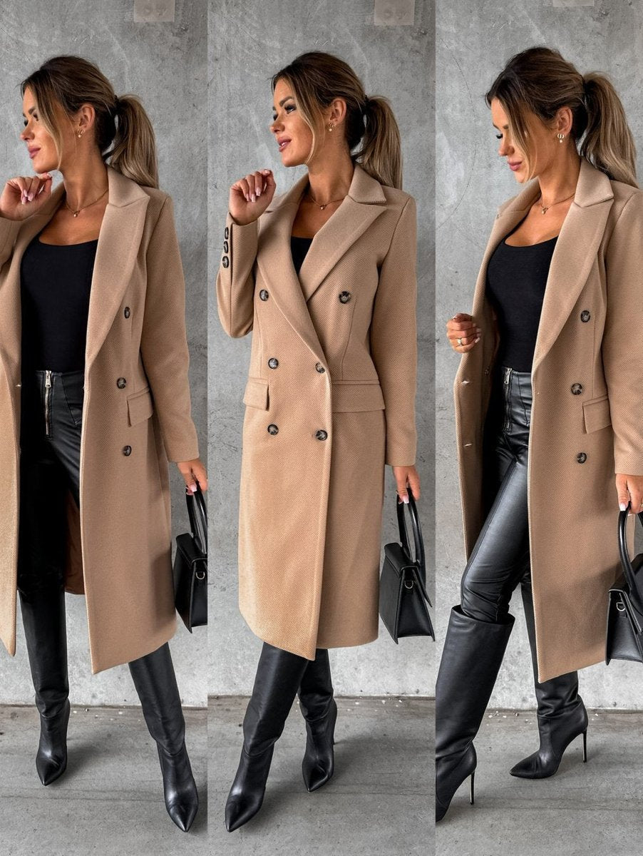 Women's Double-Breasted Longline Coat with Gold Buttons