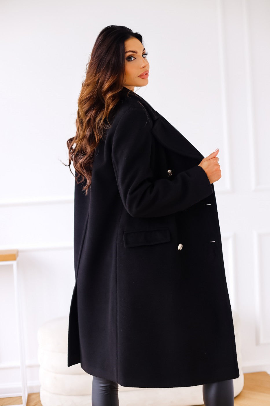 Women's Double-Breasted Wool Coat Gold Button Detail