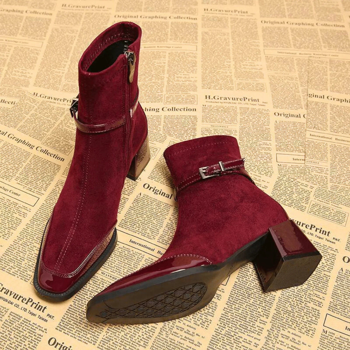 Women's Elegant Square Toe Buckle Strap Booties with Block Heel