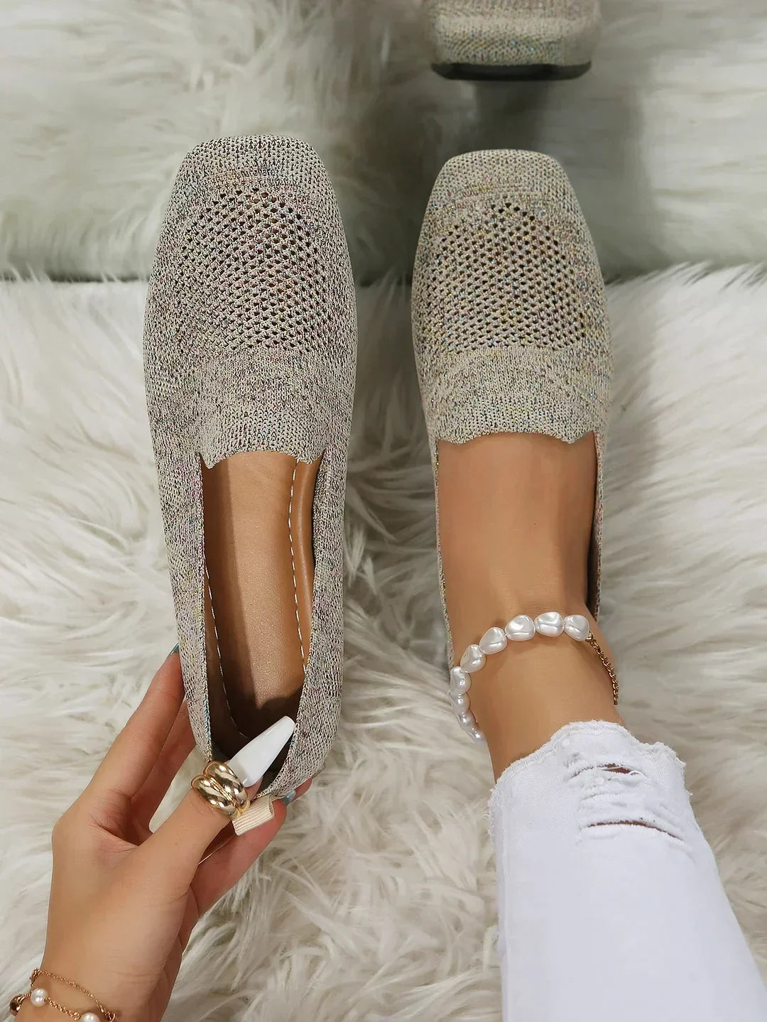 Women's Embellished Ballet Flats with Pearl Ankle Strap