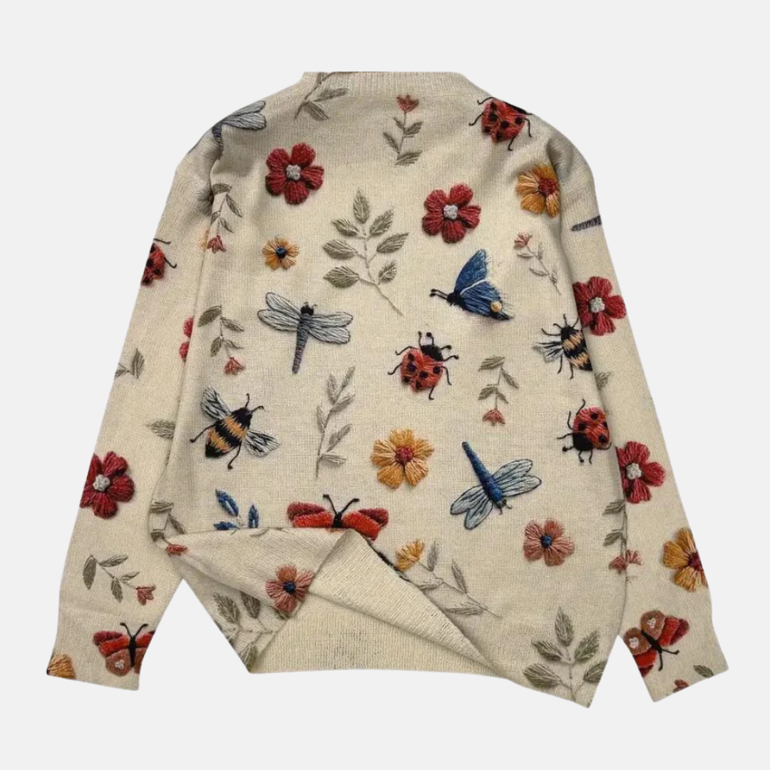Women's Embroidered Floral Knit Sweater Loose Fit Crew Neck