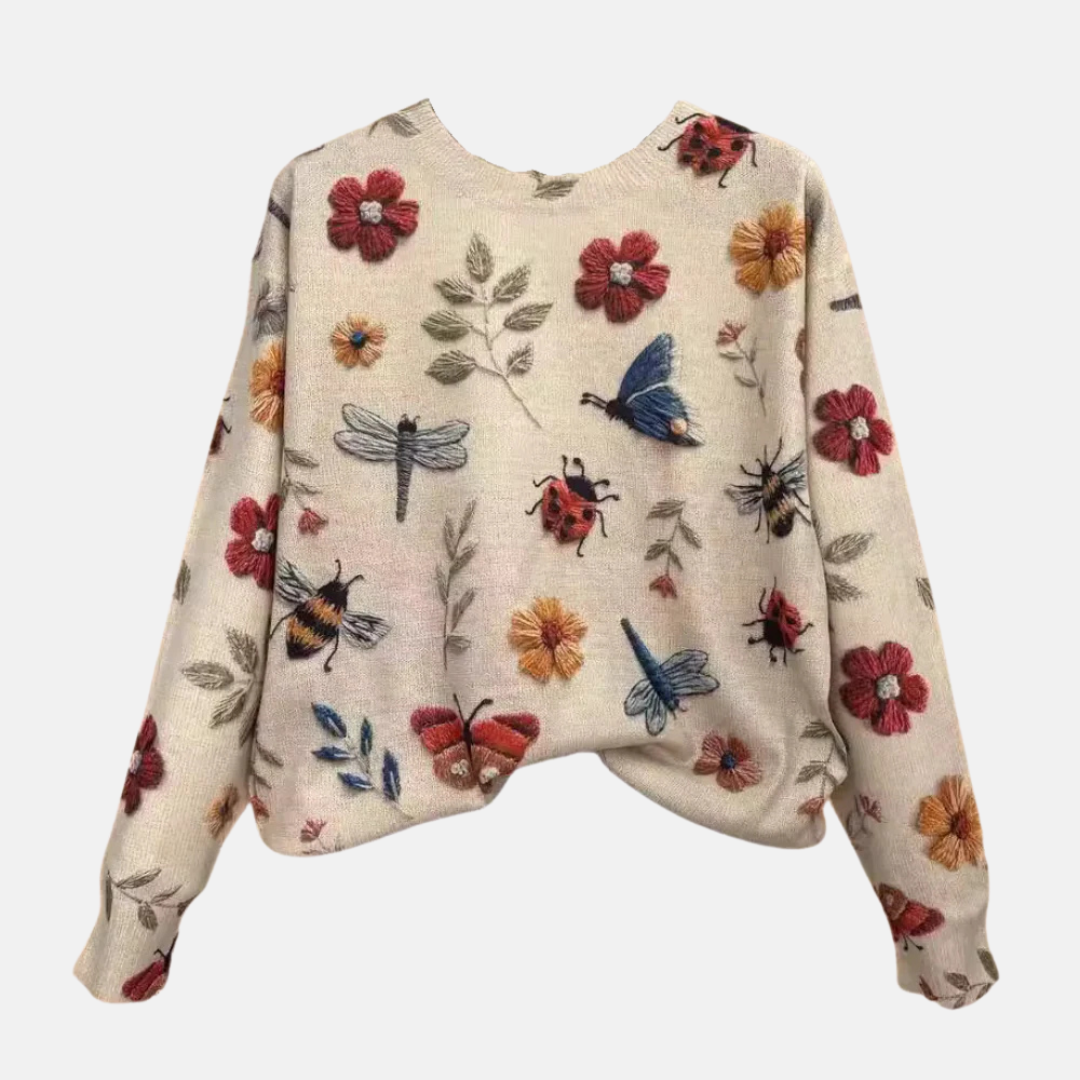 Women's Embroidered Floral Knit Sweater Loose Fit Crew Neck