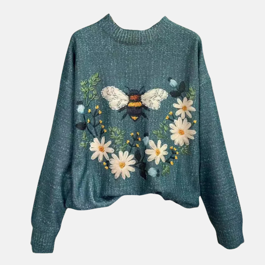 Women's Embroidered Floral Knit Sweater Loose Fit Crew Neck