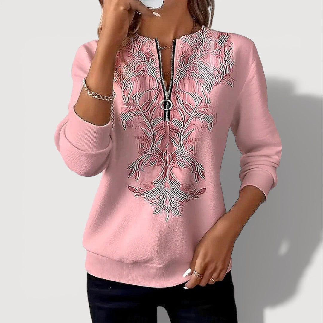 Women's Embroidered Zip Top with Half-Zip Neckline