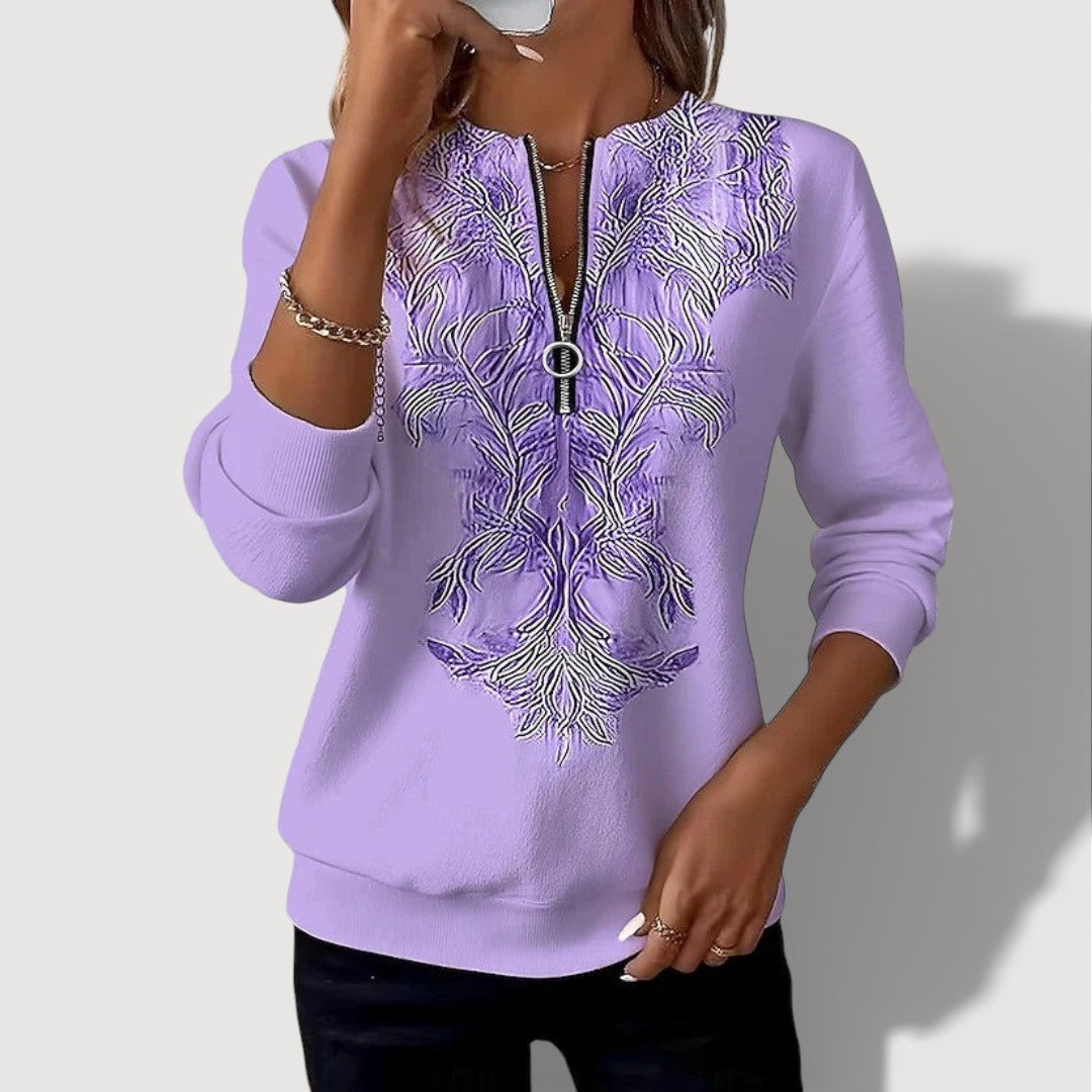 Women's Embroidered Zip Top with Half-Zip Neckline