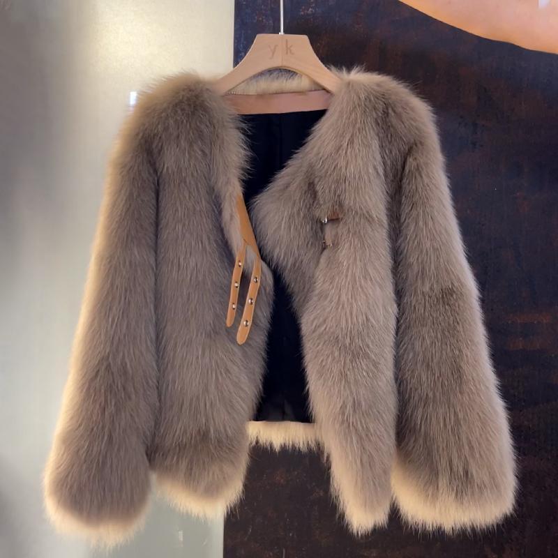 Women's Faux Fur Jacket with Buckle Detail Open Front