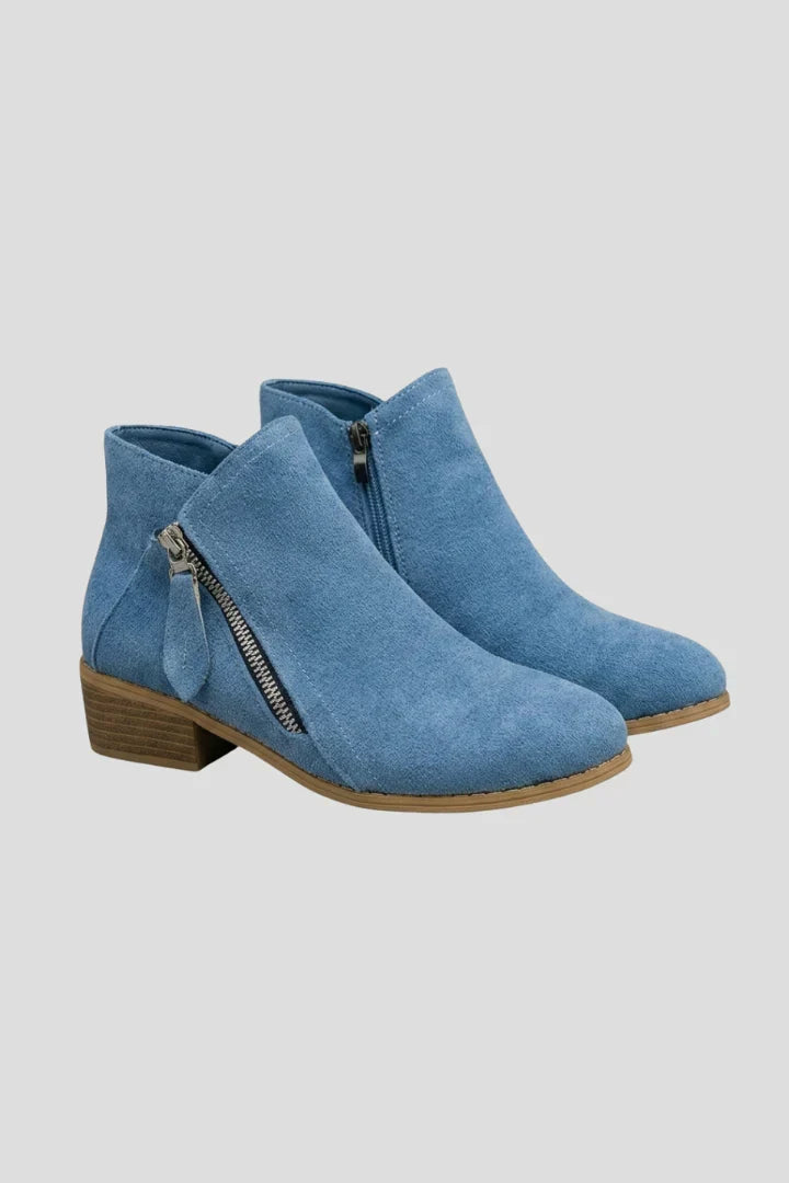 Women's Faux Suede Ankle Booties with Side Zip and Block Heel
