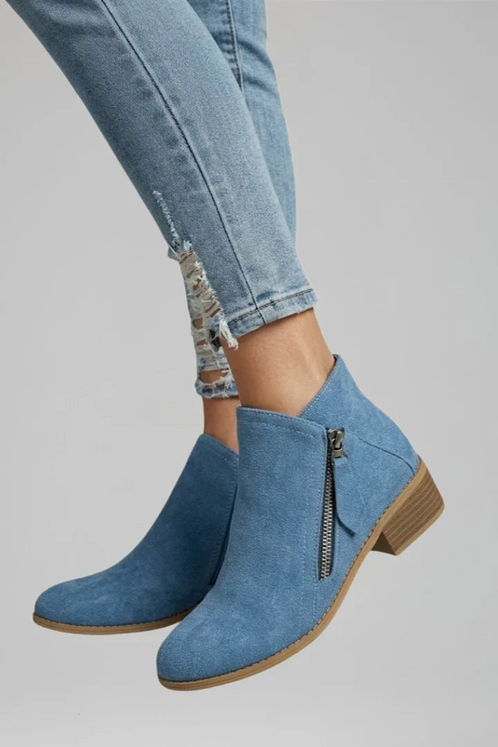 Women's Faux Suede Ankle Booties with Side Zip and Block Heel