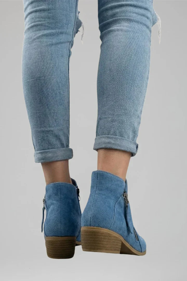 Women's Faux Suede Ankle Booties with Side Zip and Block Heel