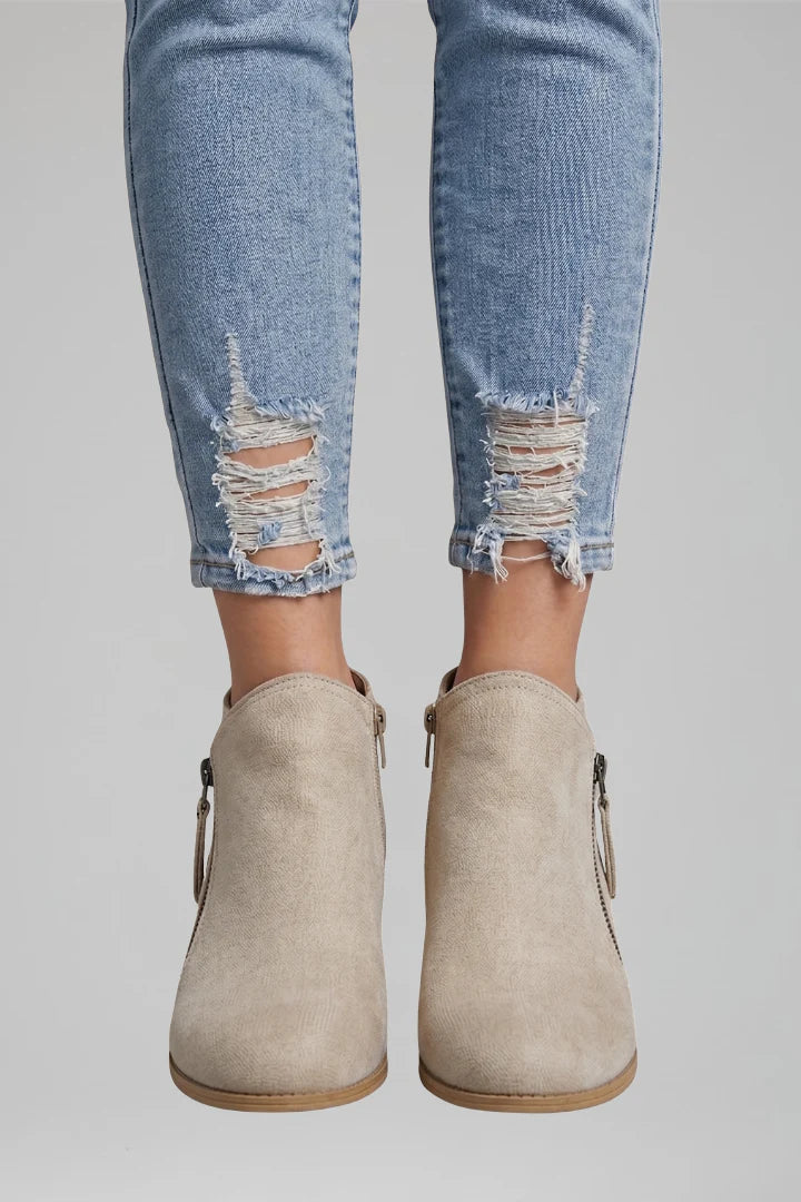 Women's Faux Suede Ankle Booties with Side Zip and Block Heel