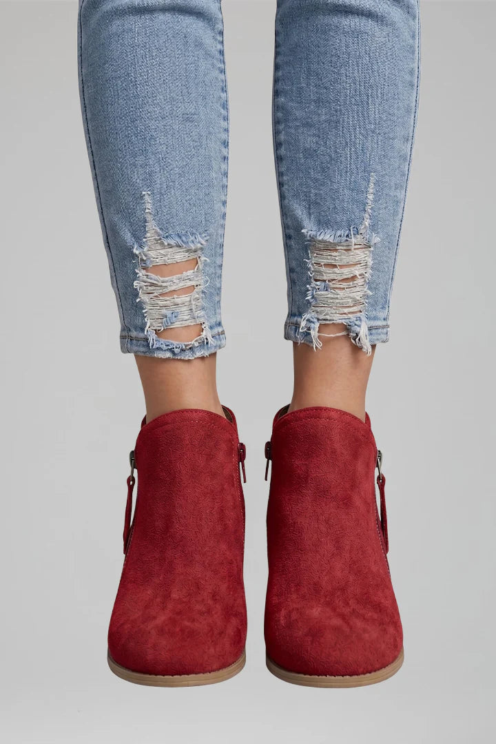Women's Faux Suede Ankle Booties with Side Zip and Block Heel