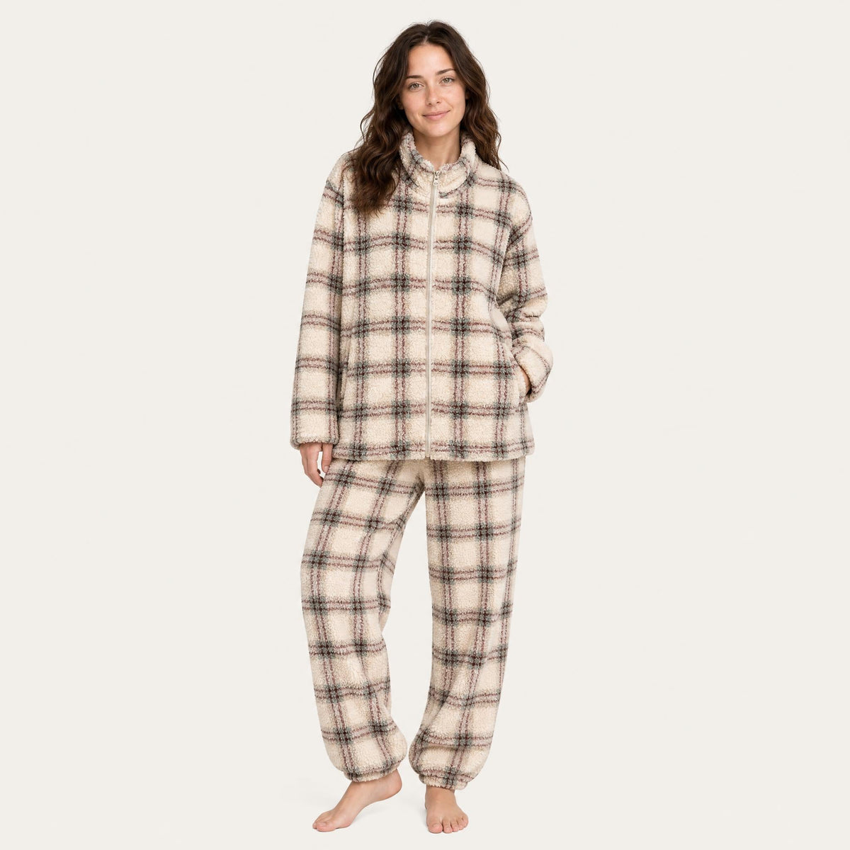 Women's Fleece Pajama Set - Plaid Sherpa Top and Pants