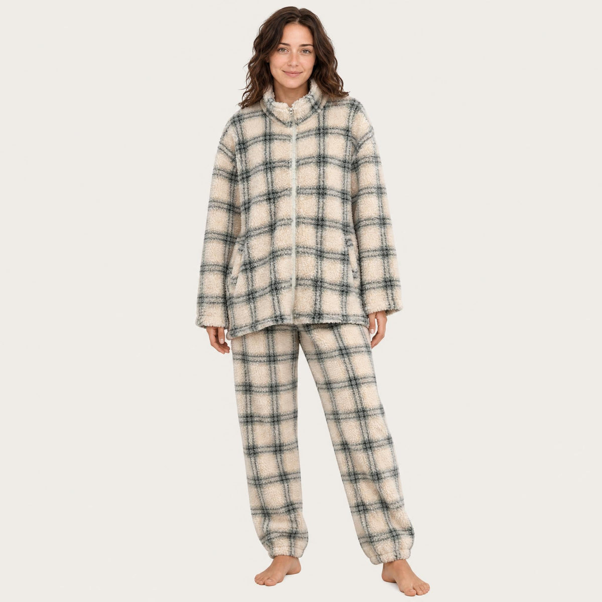 Women's Fleece Pajama Set - Plaid Sherpa Top and Pants