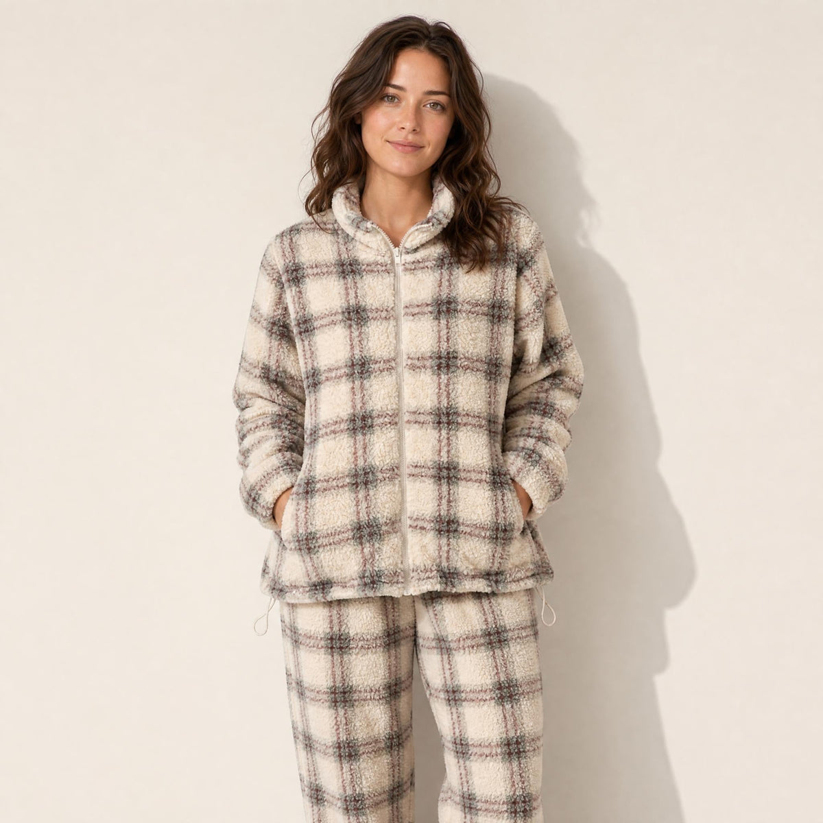 Women's Fleece Pajama Set - Plaid Sherpa Top and Pants