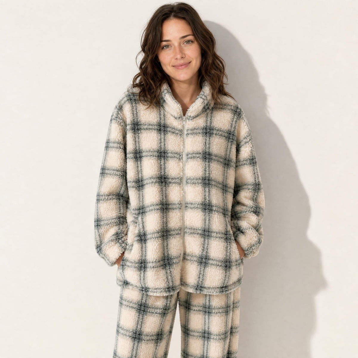 Women's Fleece Pajama Set - Plaid Sherpa Top and Pants