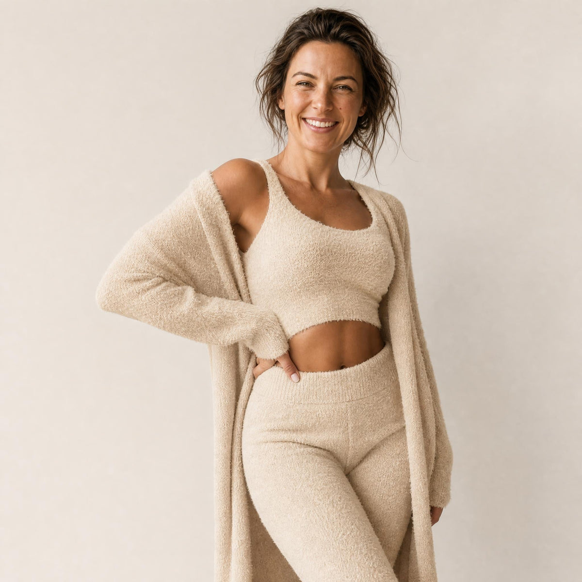 Women's Fuzzy Knit 3-Piece Lounge Set with Cardigan