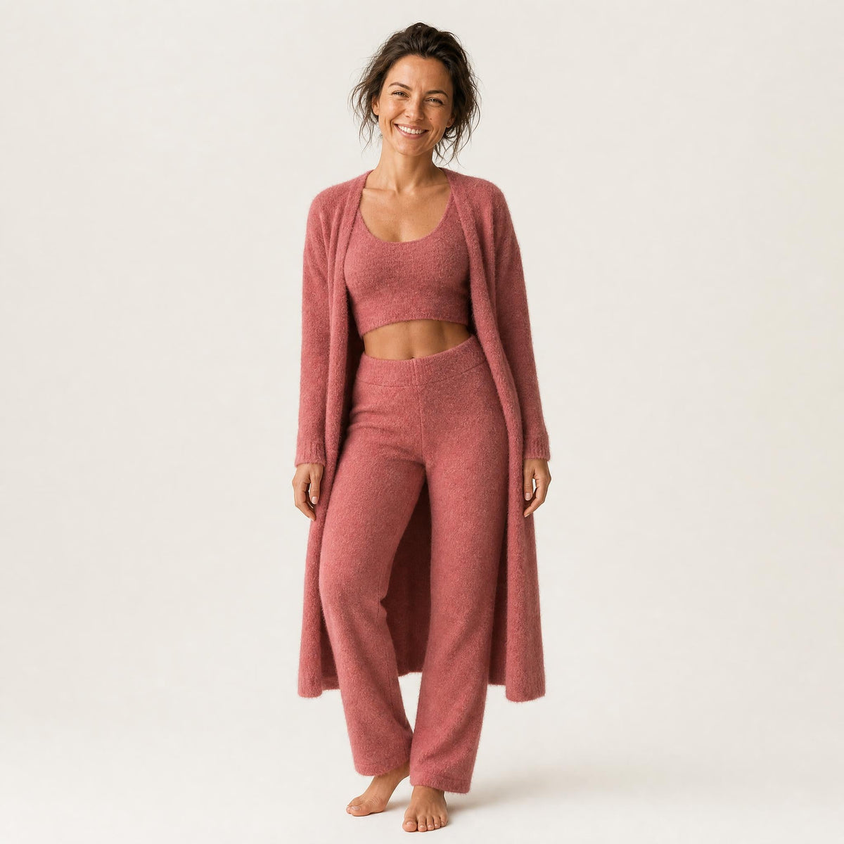 Women's Fuzzy Knit 3-Piece Lounge Set with Cardigan