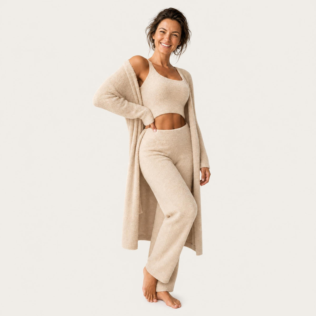 Women's Fuzzy Knit 3-Piece Lounge Set with Cardigan