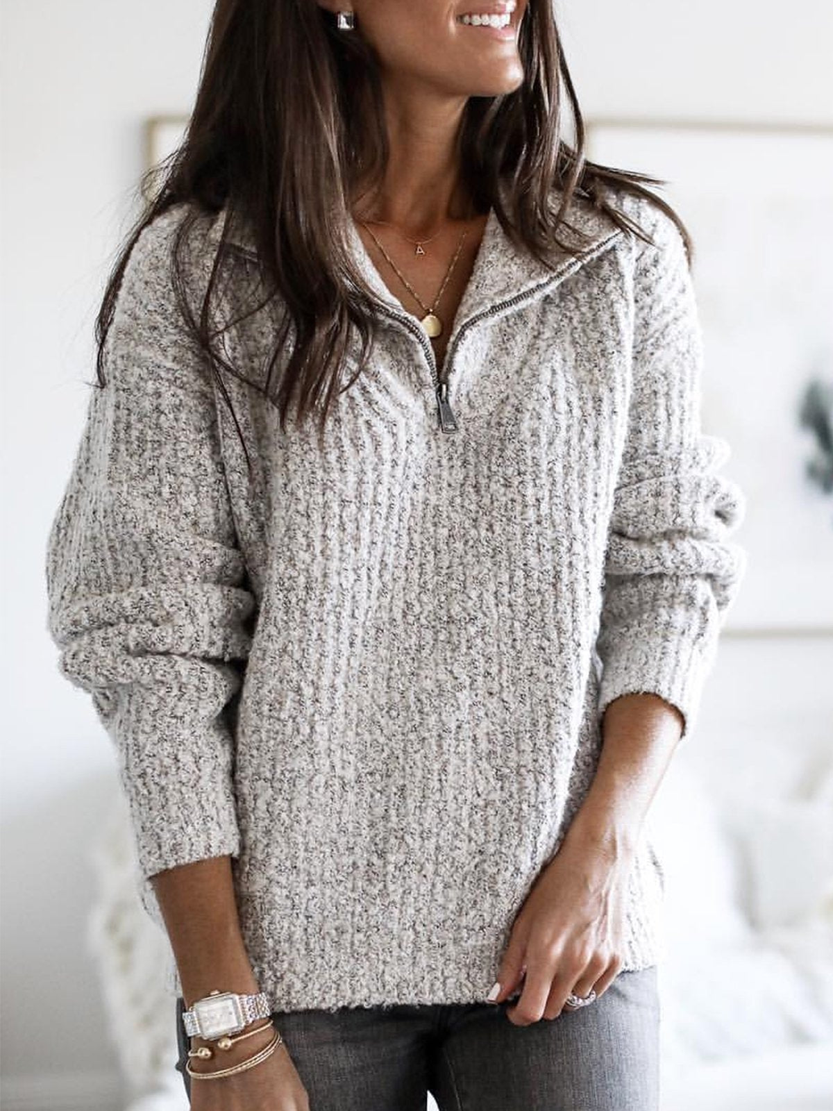 Women's Half-Zip Jumper with Stand Collar