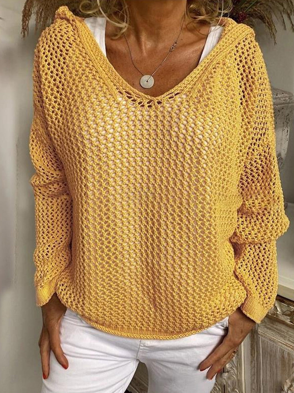 Women's Hooded Open Knit Crochet Sweater