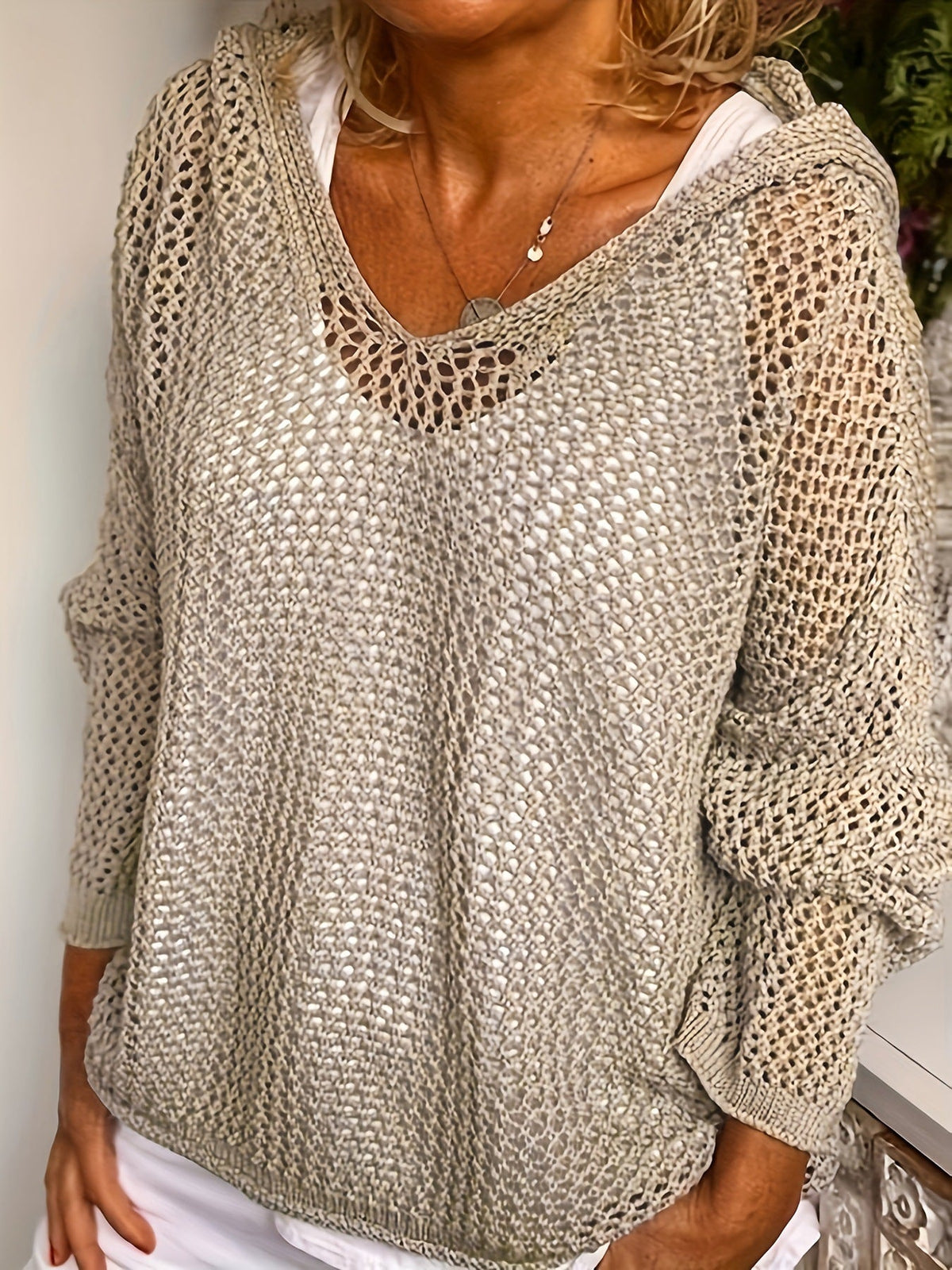 Women's Hooded Open Knit Crochet Sweater