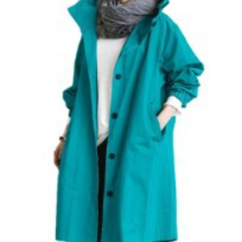 Women's Hooded Trench Coat Button-Front Knee-Length
