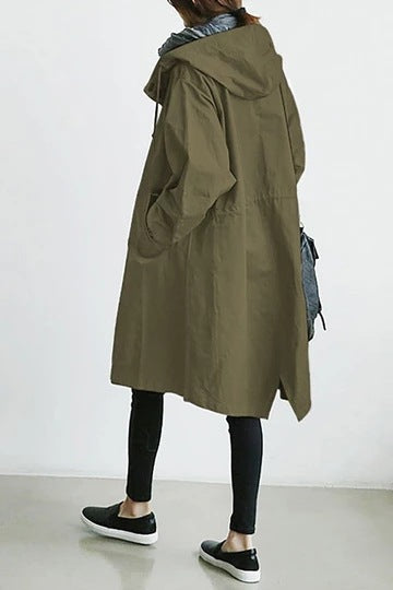 Women's Hooded Trench Coat with Button-Front and Knee-Length Hem