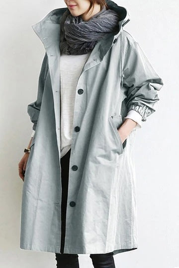 Women's Hooded Trench Coat with Button-Front and Knee-Length Hem