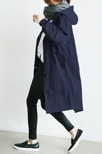 Women's Hooded Trench Coat with Button-Front and Knee-Length Hem