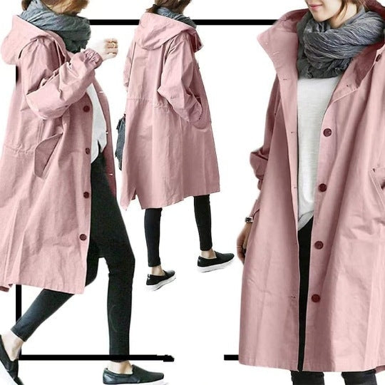 Women's Hooded Trench Coat with Button-Front and Knee-Length Hem