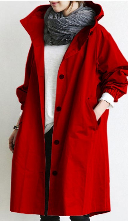 Women's Hooded Trench Coat with Button-Front and Knee-Length Hem