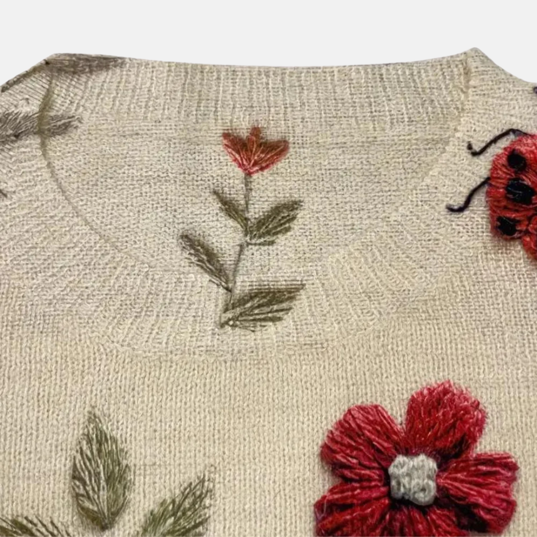 Women's Knit Sweater with Embroidered Floral Design