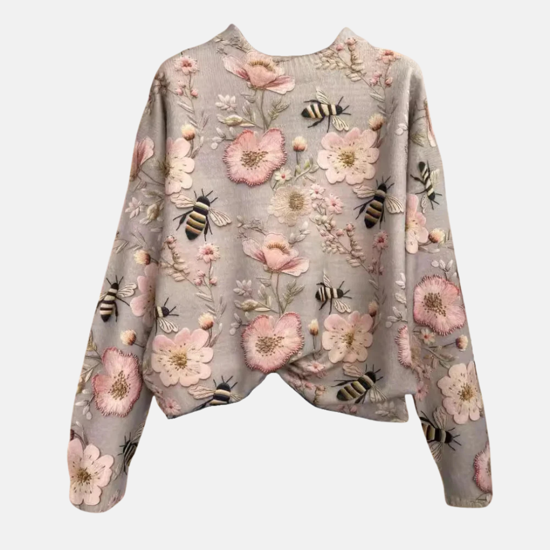 Women's Knit Sweater with Embroidered Floral Design
