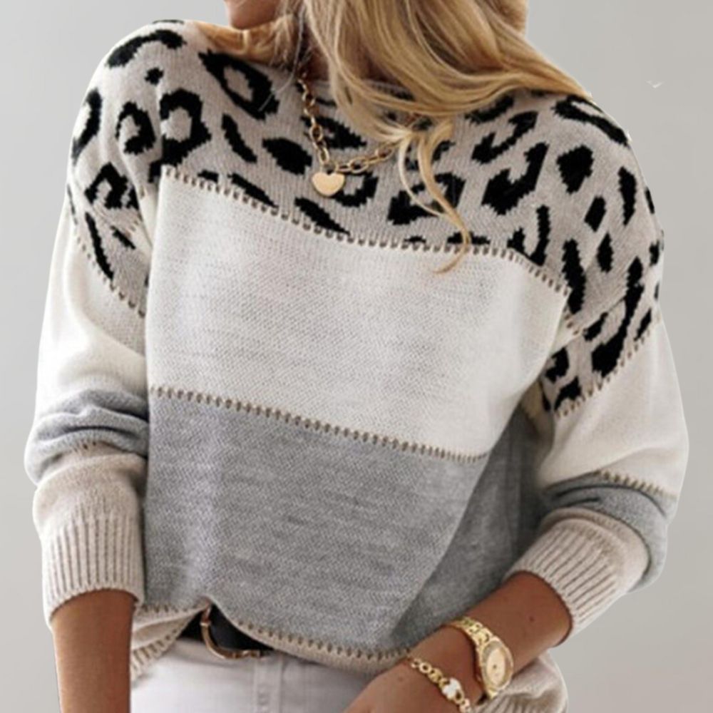 Women's Knit Sweater with Leopard Accent