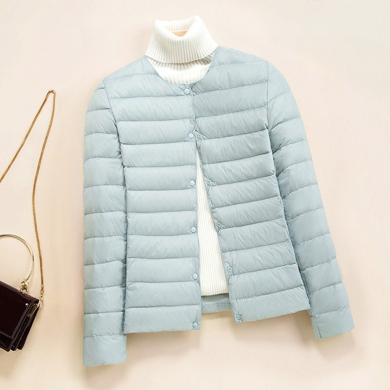 Women's Lightweight Quilted Down Jacket | Collarless Round Neck